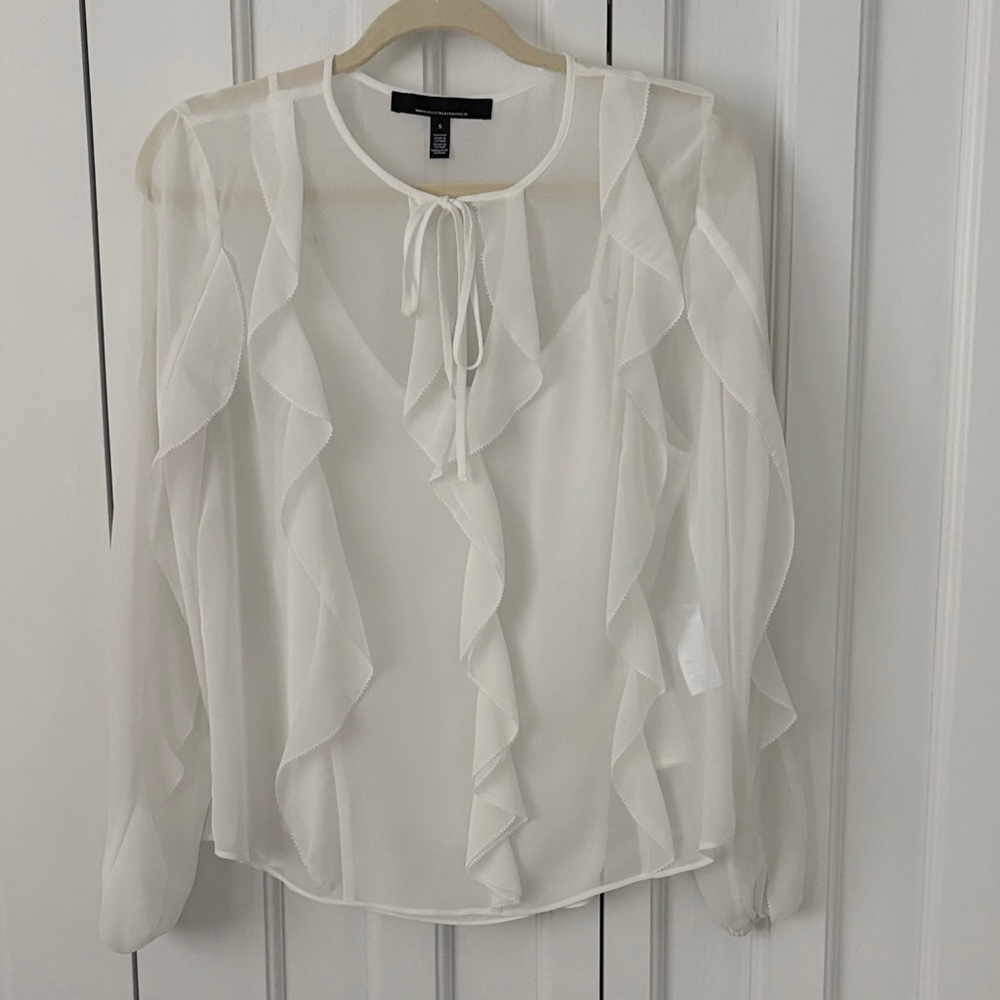 White House Black Market Sheer White Ruffle Blouse